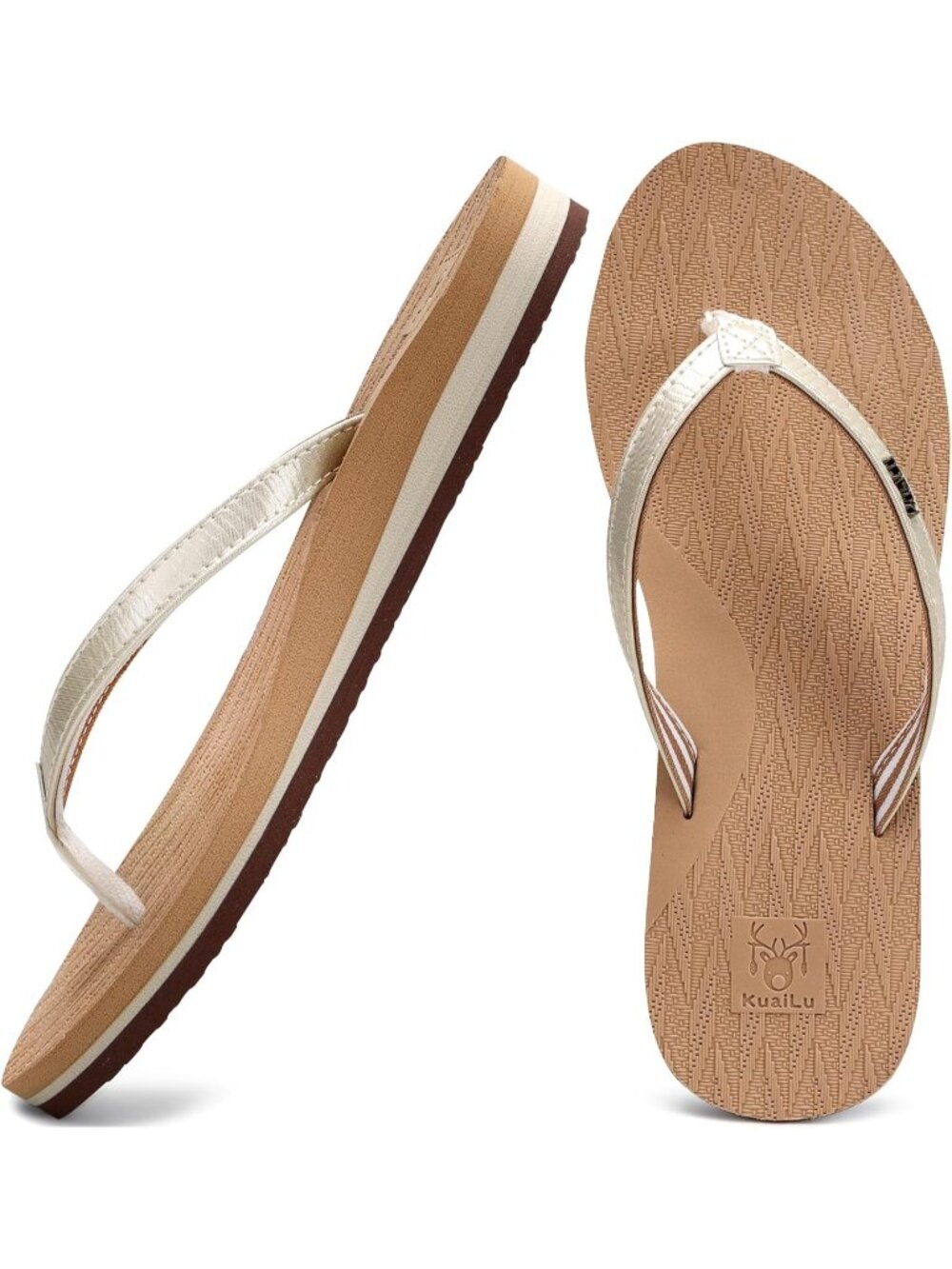 Women's Shiny Beige Faux Leather Fashion Flip Flops Ladies Lightweight Sandals